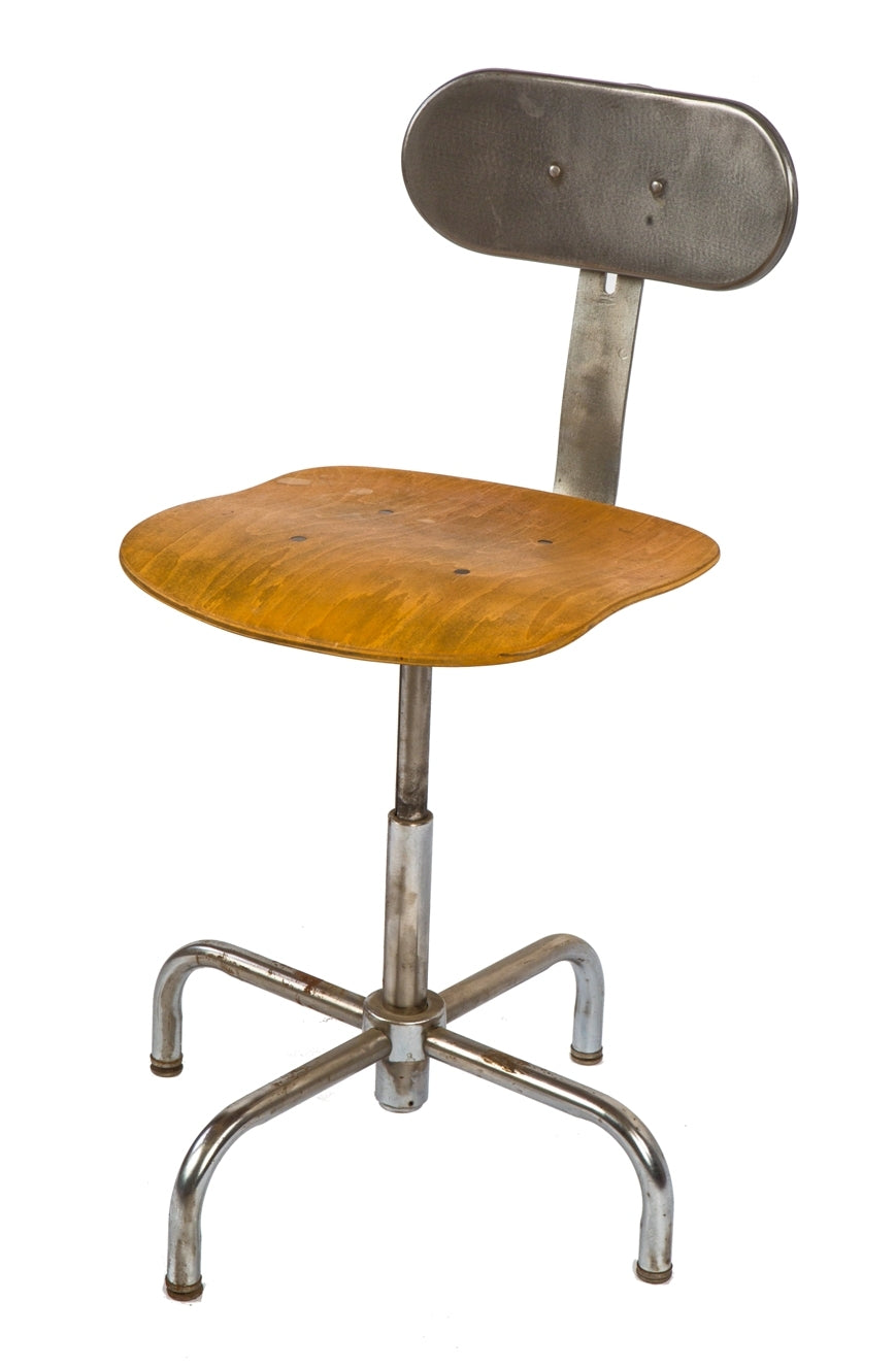 original fully adjustable refinished vintage american industrial bent tubular steel stationary stool with maple wood saddle seat and slightly contoured metal backrest