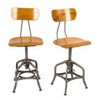 two matching completely refinished 1940's original "uhl art steel" american industrial adjustable height brushed steel toledo stool with matching saddle seat and backrest