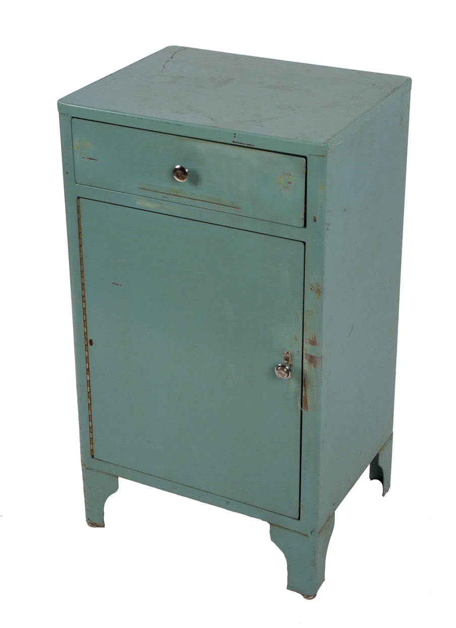 original c. 1940's american salvaged chicago interior hospital operating side table or instrument cabinet comprised of pressed and folded steel with original enameled finish