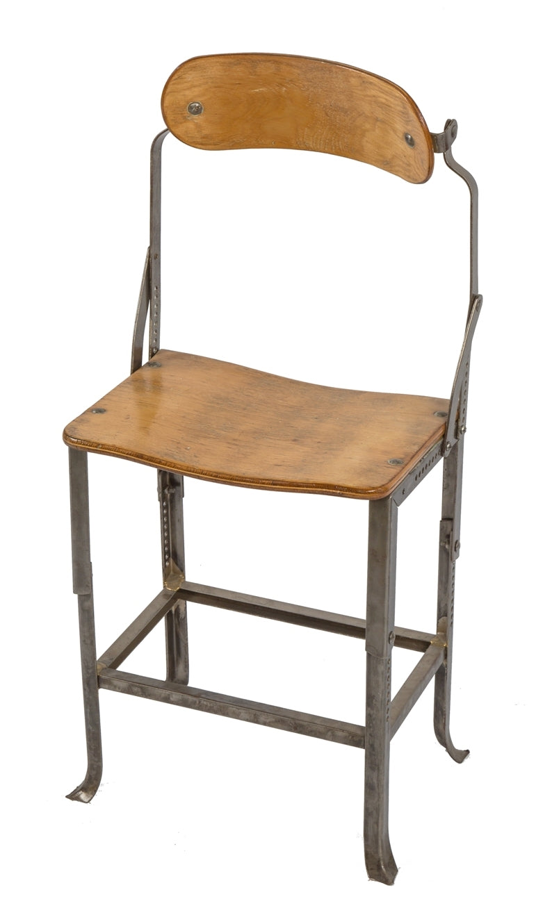 rare c. 1930's vintage industrial "no.280" angled steel salvaged chicago factory office posture chair with original birch wood seat and backrest