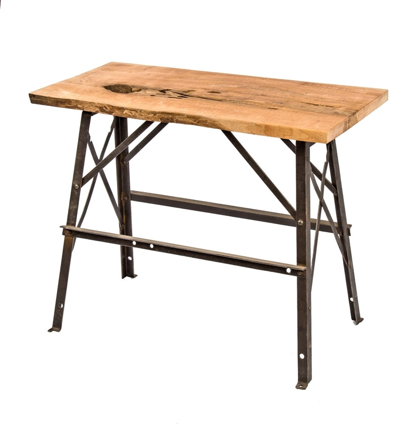 repurposed vintage american industrial angled steel four-legged stationary side table with newly added solid cherry wood tabletop