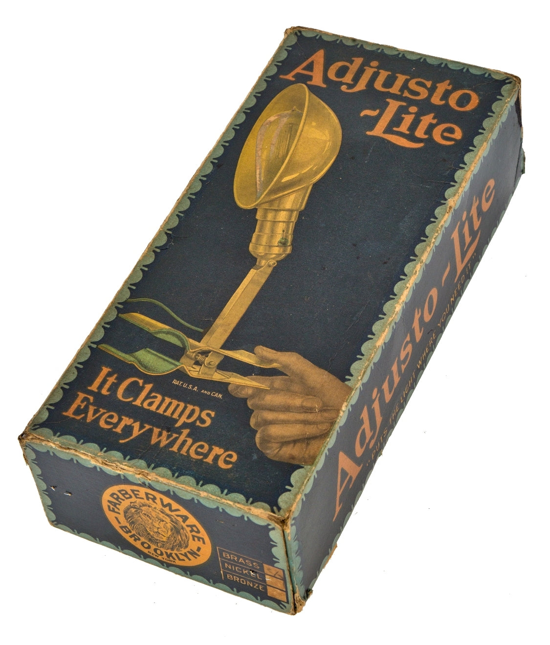 rare early 20th century "new old stock" antique american industrial clamp-on brass "adjusto-lite" single light fixture with rolled rim brass parabolic shade