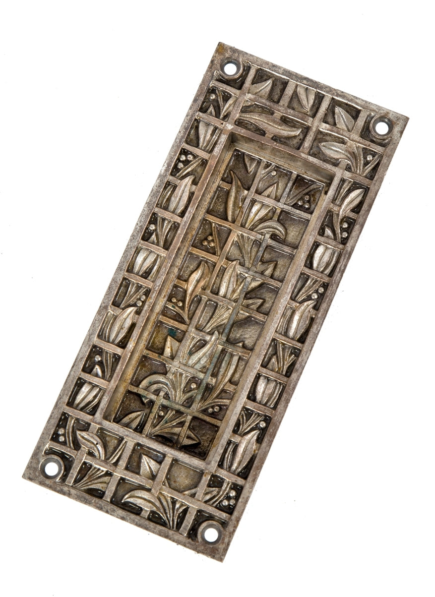 rare 19th century nickel-plated ornamental cast bronze "holly" pattern interior residential oversized pocket door plate with leafage overlapping lattice work