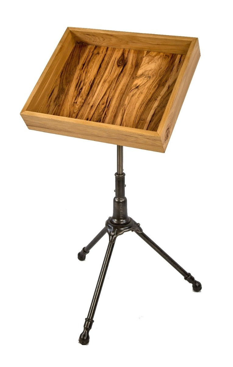 hard to find original antique early 20th century american industrial three-legged freestanding "peerless" drafting table base with custom zebra wood display box