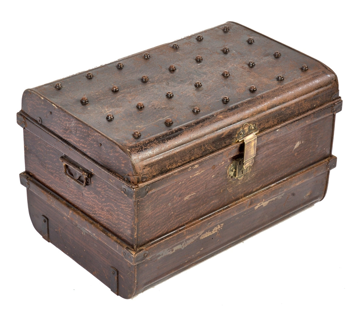 original early 20th century antique american industrial pressed and folded steel oversized hinged door steamer trunk with largely intact faux wood grain finish