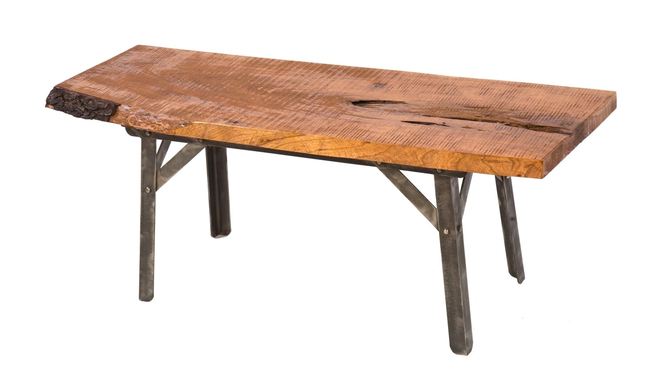 refinished brushed metal four-legged angled steel low-lying vintage industrial stationary sitting bench with newly added solid cherry wood live edge slab