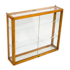 original and intact wall-mount early 1930's american depression-era waddell varnished maple wood compact display case with plate glass sliding doors and adjustable shelves
