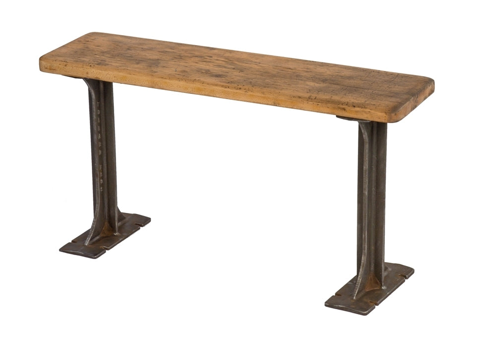 original and intact american vintage industrial low-lying stationary "pollard brothers" cast iron and maple wood refinished a. finkl & sons foundry locker room bench