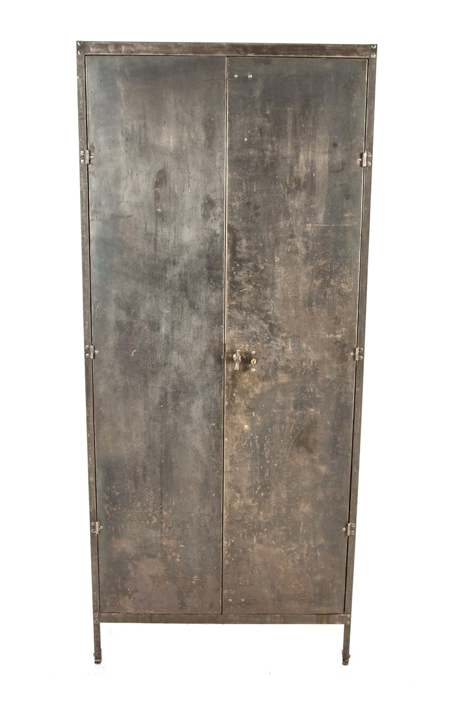 rare early 20th century oversized cold-rolled steel riveted joint double-door freestanding brushed metal locker or wardrobe cabinet with original lockable cast iron t-handle
