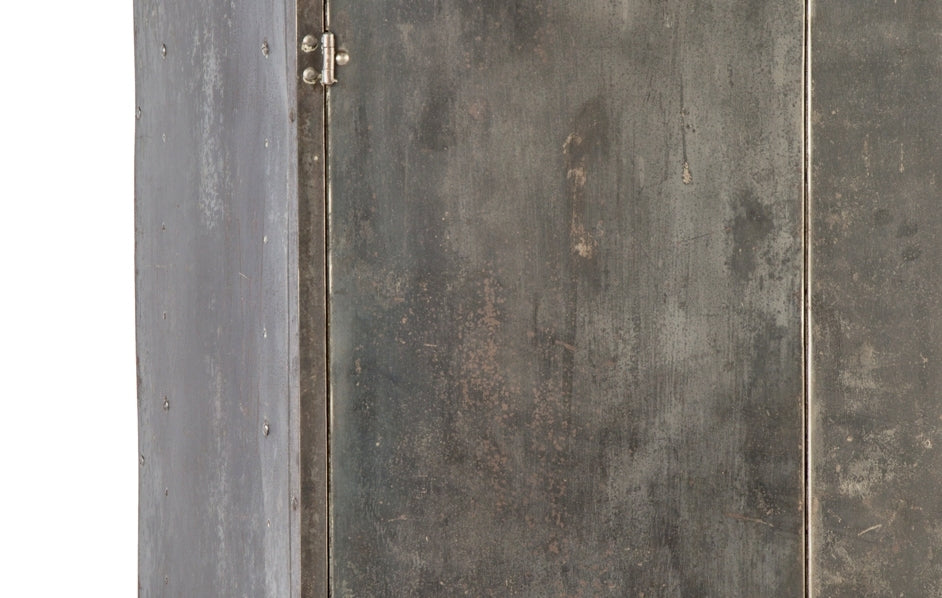 rare early 20th century oversized cold-rolled steel riveted joint double-door freestanding brushed metal locker or wardrobe cabinet with original lockable cast iron t-handle