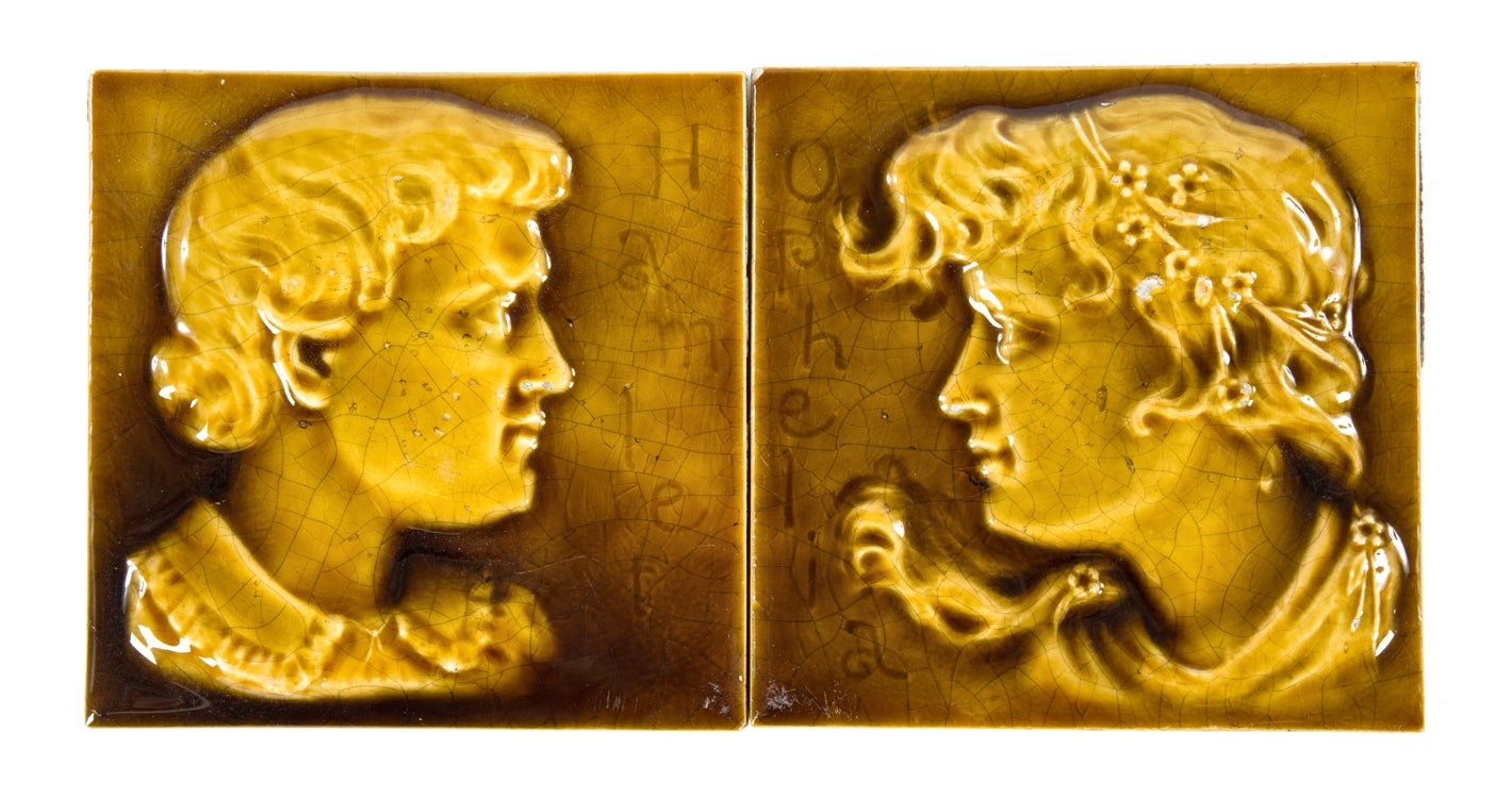 original and highly sought after richly colored 19th century "hamlet" and "ophelia" shakespearean character residential fireplace tiles attributed to modeler ruth m. winterbotham