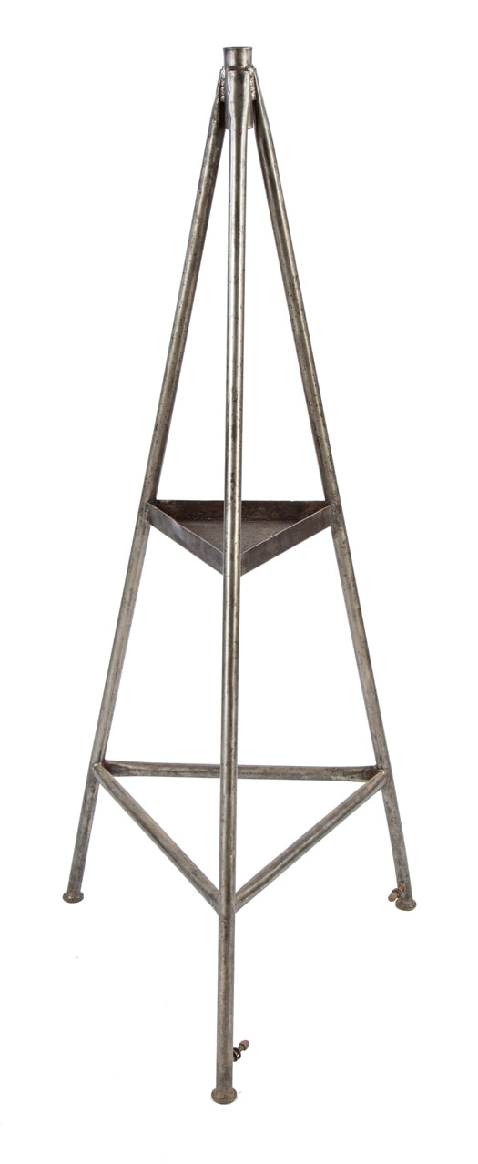 c. 1940's vintage american industrial thoroughly cleaned and brushed tubular steel three-legged automotive jack or underhoist tripod stand