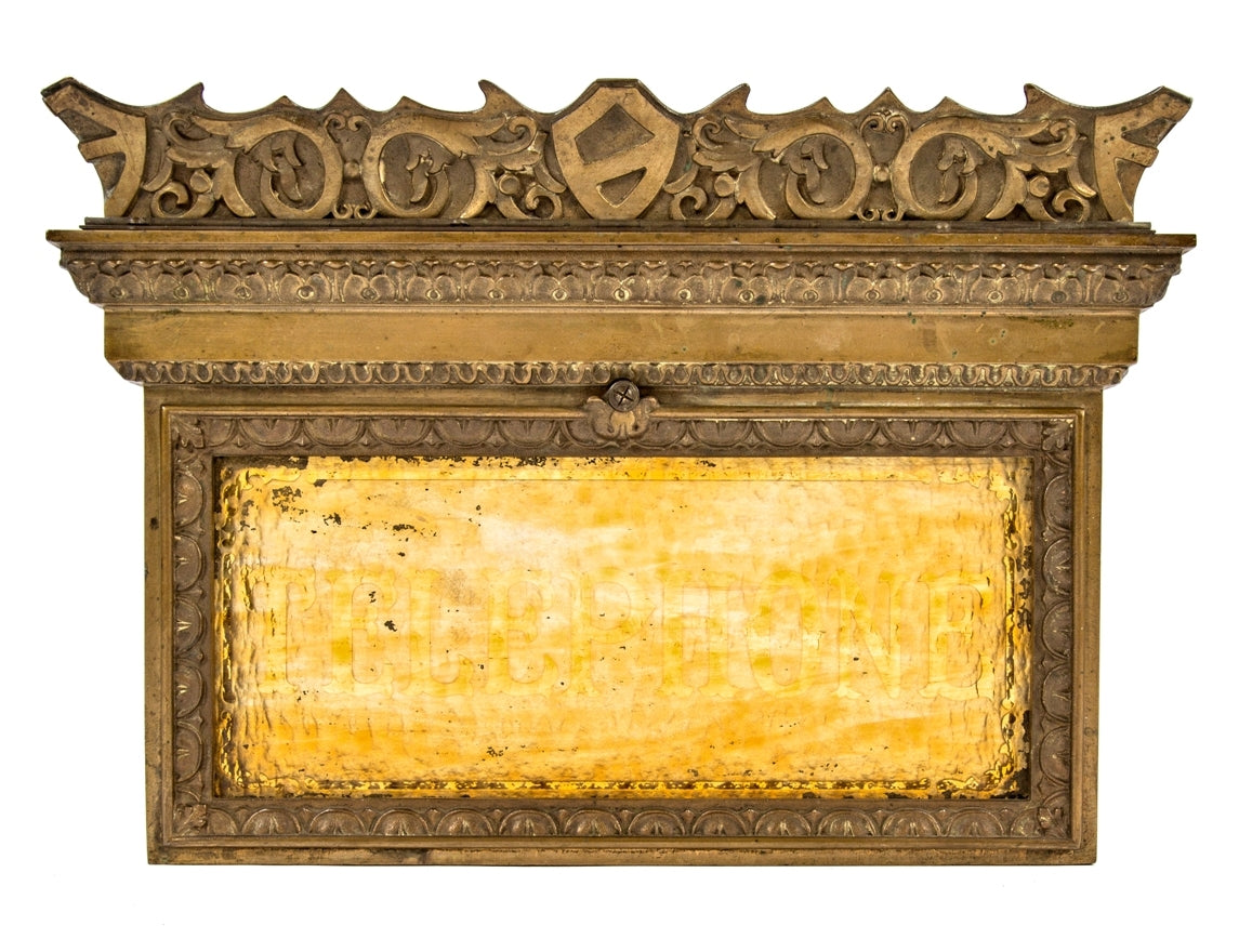 original museum-quality 1926 victor pearlman & company interior granada theater cast bronze lobby "telephone" illuminated sign with etched amber glass panel