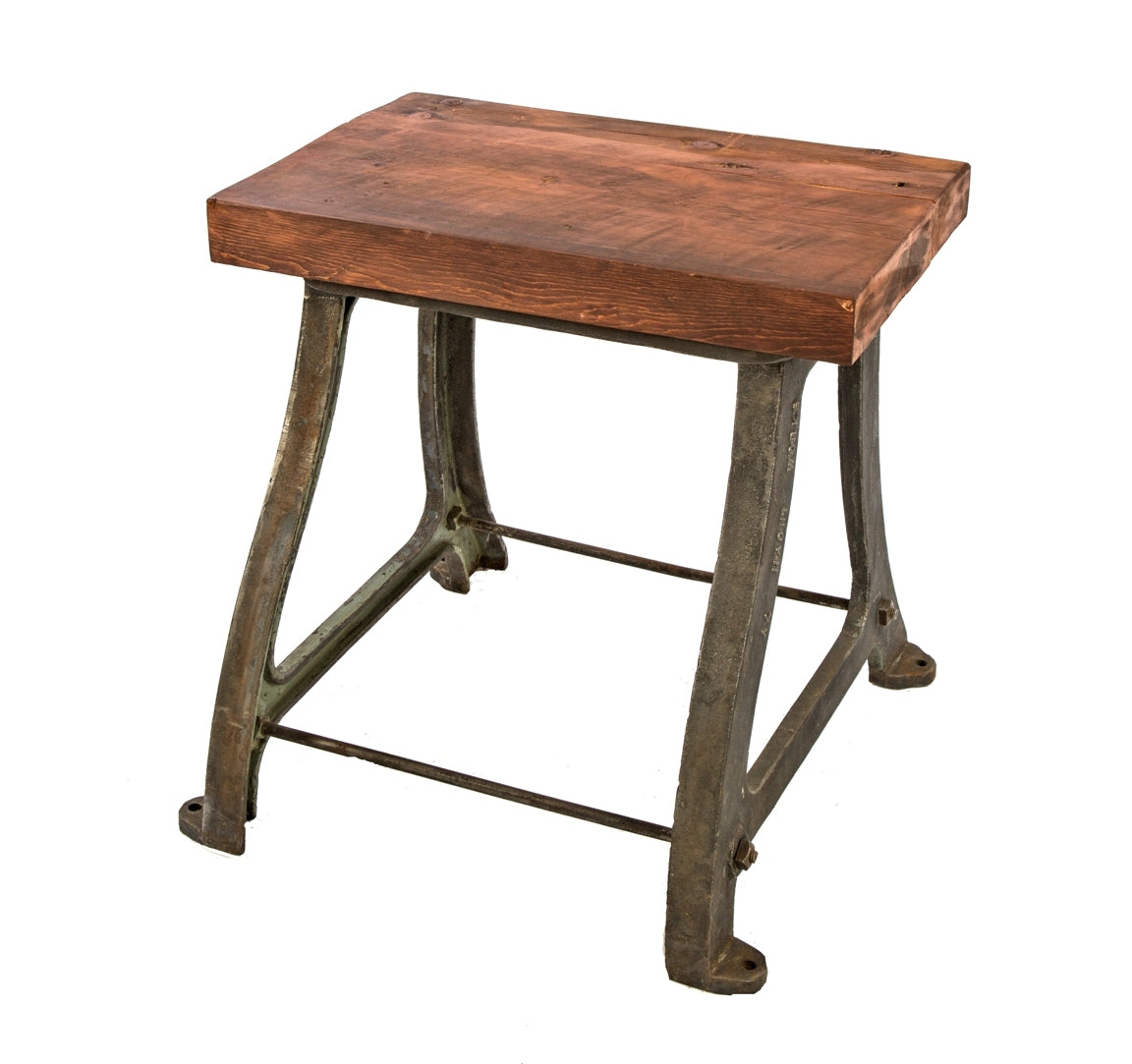 repurposed early 20th century antique american industrial refinished cast iron machine shop four-legged work station or multi-purpose table with newly added old growth pine top