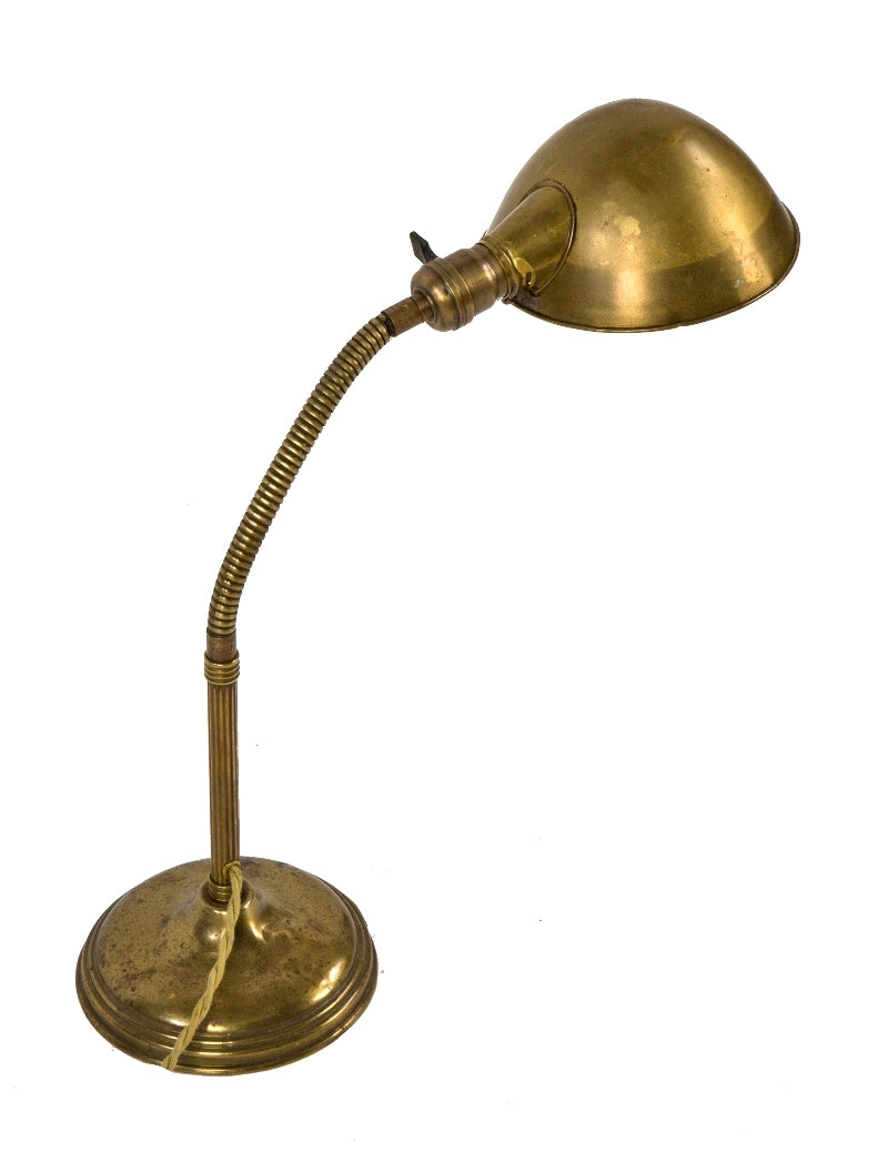 early 20th century antique american industrial nicely aged yellow brass adjustable gooseneck table or desk lamp with rare wrought brass rolled rim parabolic shade