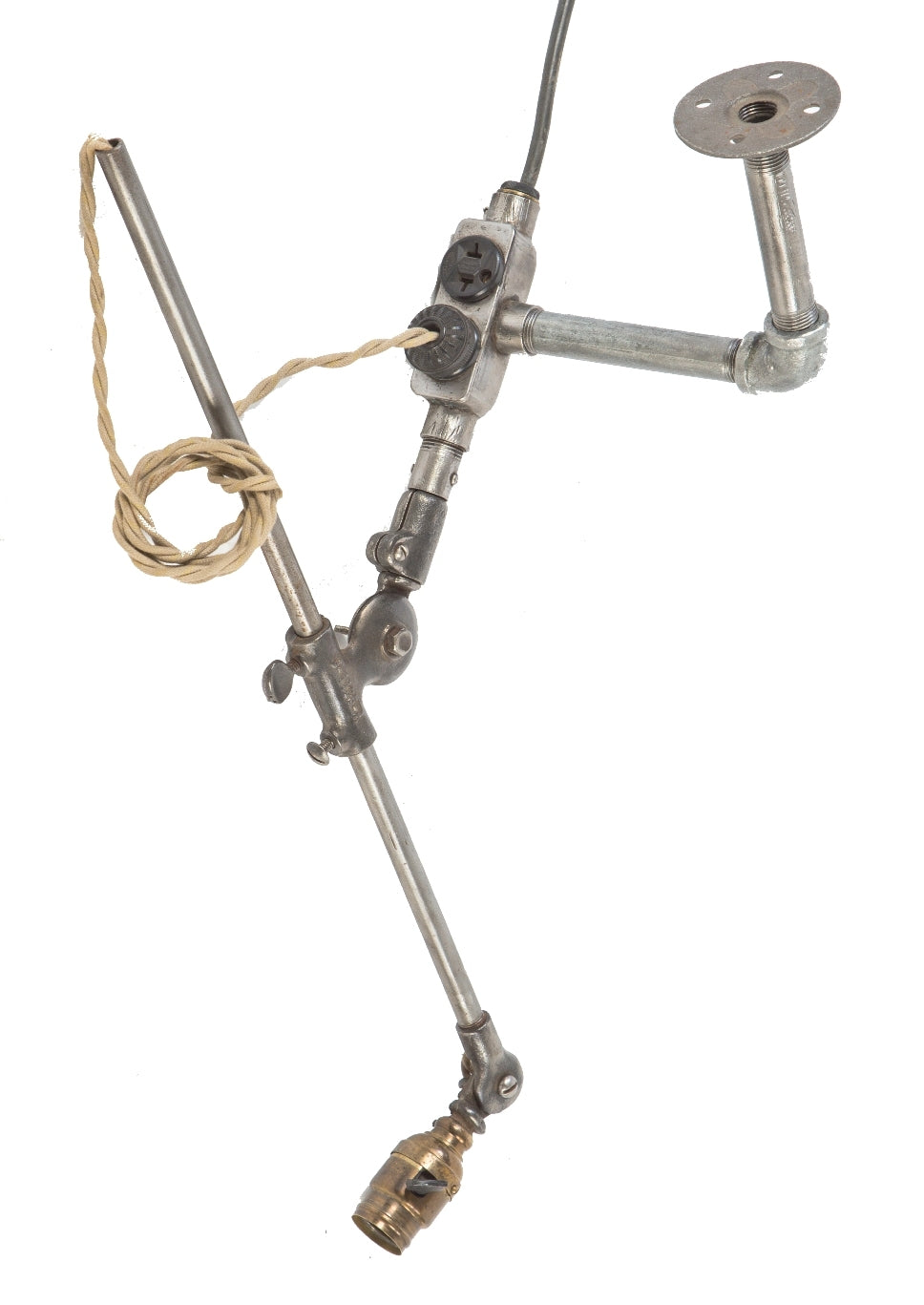 unique c. 1919 refinished antique american industrial rewired early electric articulating arm factory steel and cast iron task lamp with appleton "unilet" outlet