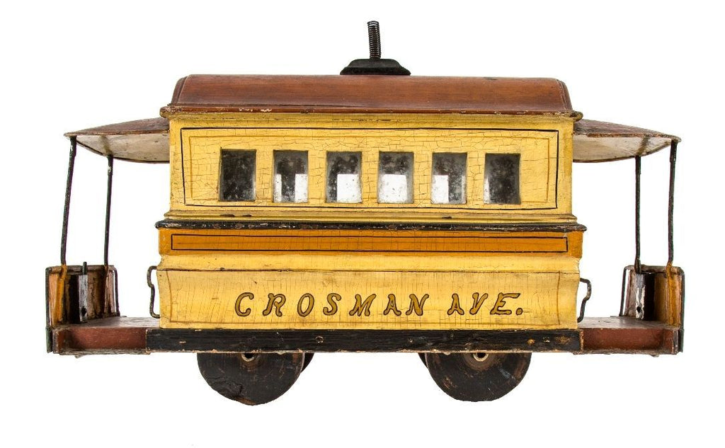 rare 19th century original hand-painted american folkart trolley or street car by o.r. jones