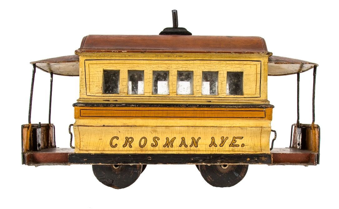 rare 19th century original hand-painted american folkart trolley or street car by o.r. jones