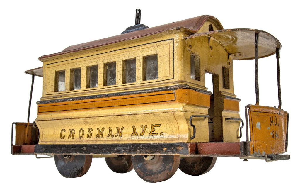 rare 19th century original hand-painted american folkart trolley or street car by o.r. jones