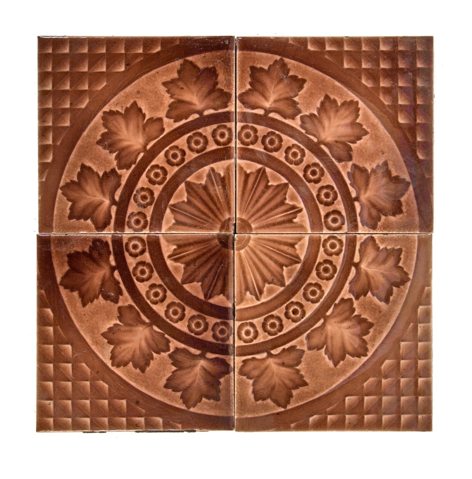 19th century american victorian era set of four majolica glazed interior residential fireplace tile set with concentric rings and leafage