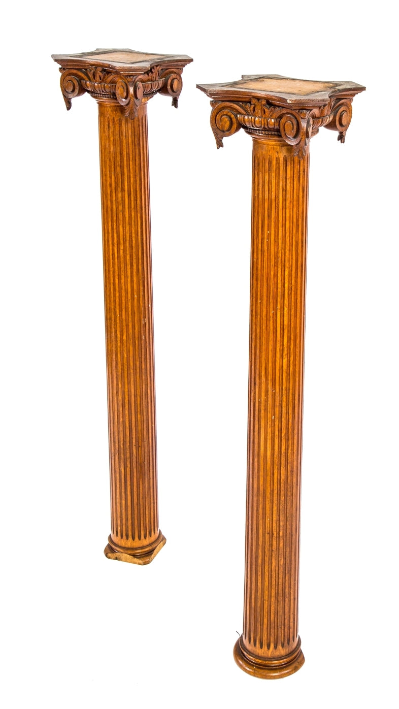 two matching original and intact carved solid oak wood salvaged chicago 19th century victorian era fluted columns with heavily ornamented capitals