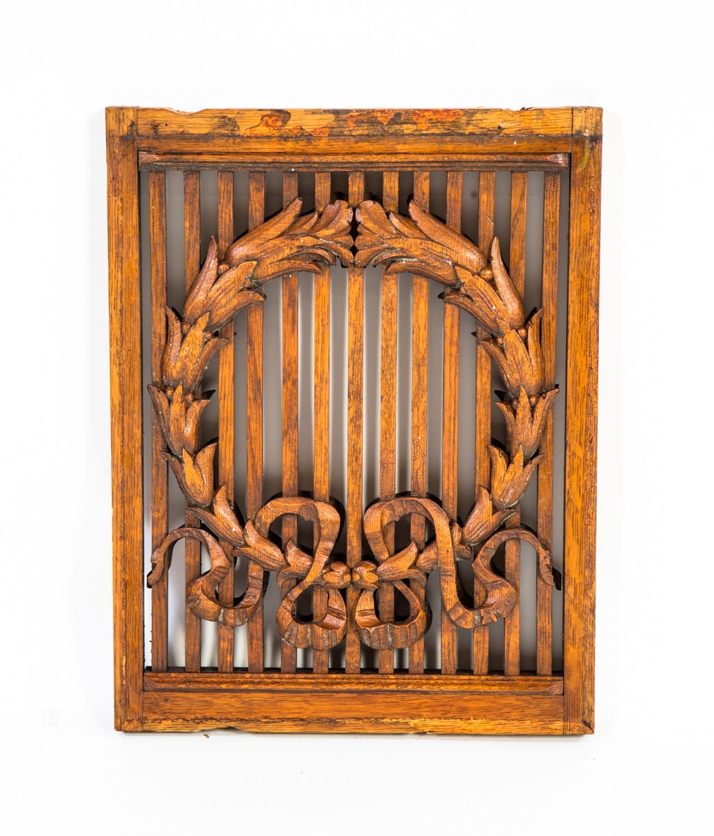 hard to find 19th century salvaged chicago double-sided oak wood interior residential room divider grille or screen with laurel wreath and ribbons