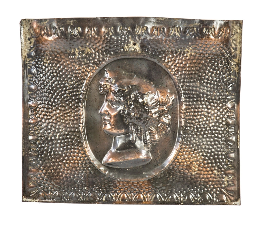 original late 19th or early 20th century antique american victorian era copper-plated salvaged chicago fireplace summer cover with centrally located female bust