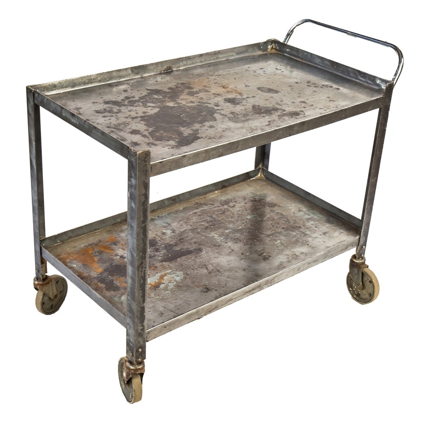 c. 1940's american vintage industrial all-welded joint two-tier mobile steel push cart with fully functional casters and bent tubular handle
