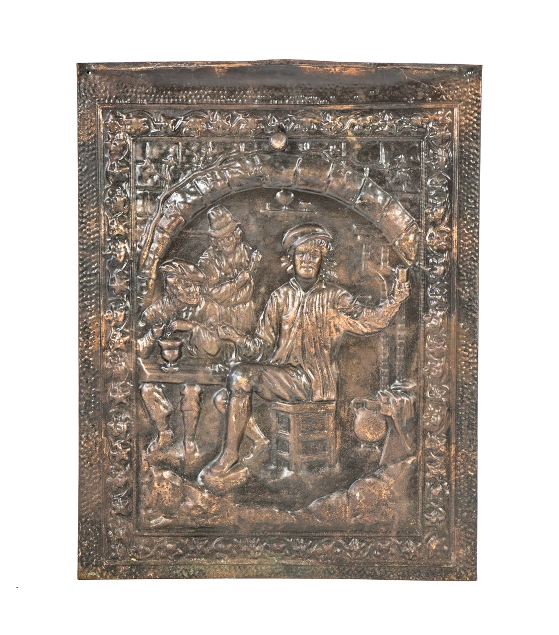 original early 20th century pressed or stamped steel copper-plated interior residential figural or scenic fireplace summer cover with original knob pull