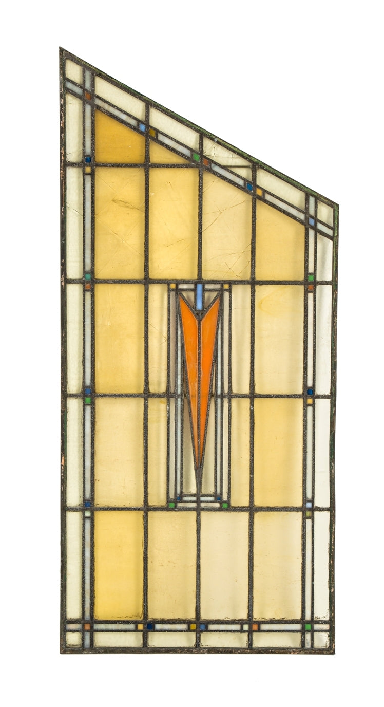largely intact c. 1924 museum-quality george grant elmslie-designed old second national bank building art glass window with centrally located distinctive "v" design