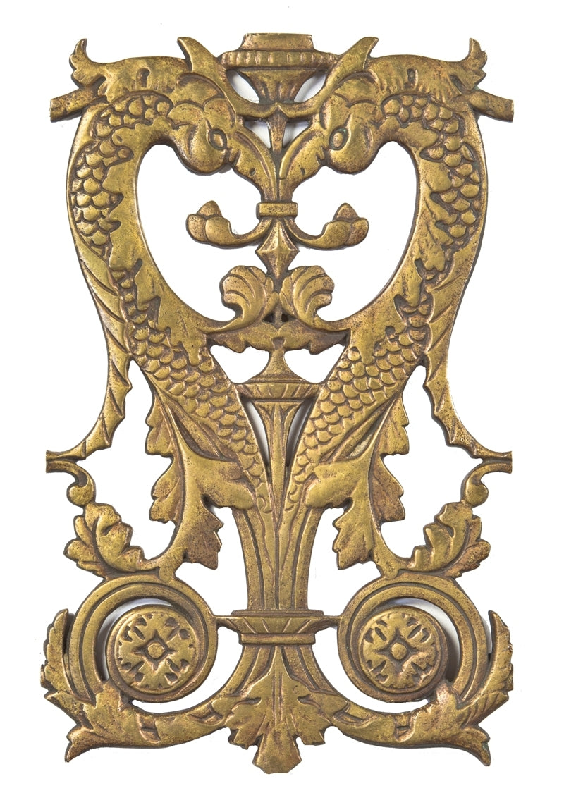 historically important double-sided c. 1928 ornamental cast bronze hyde park bank building interior lobby staircase baluster panel featuring aquatic creatures