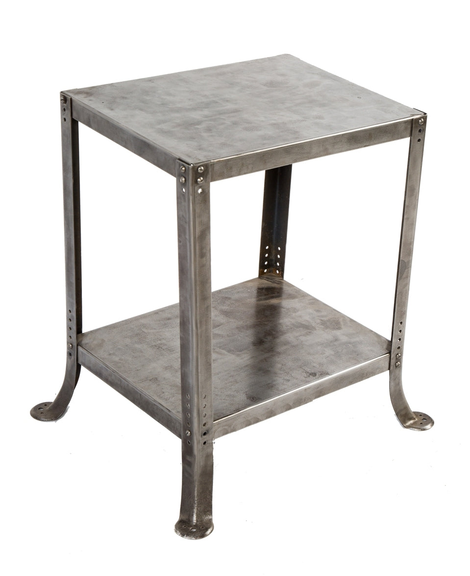 refinished antique american industrial four-legged collapsible two-tier pressed and folded steel machine shop work table with flared feet
