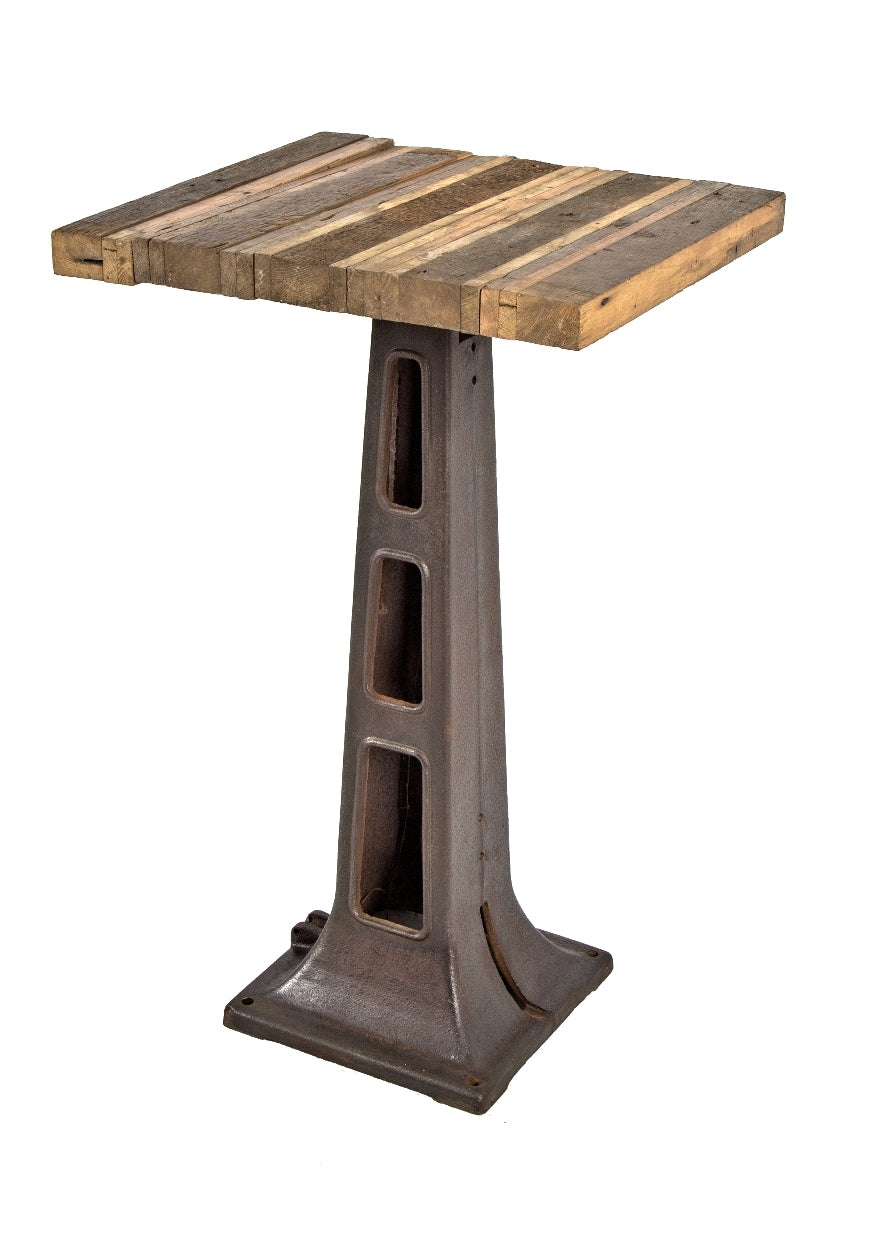 repurposed vintage american industrial freestanding brushed bare metal workstand or podium with newly added old growth wood tabletop