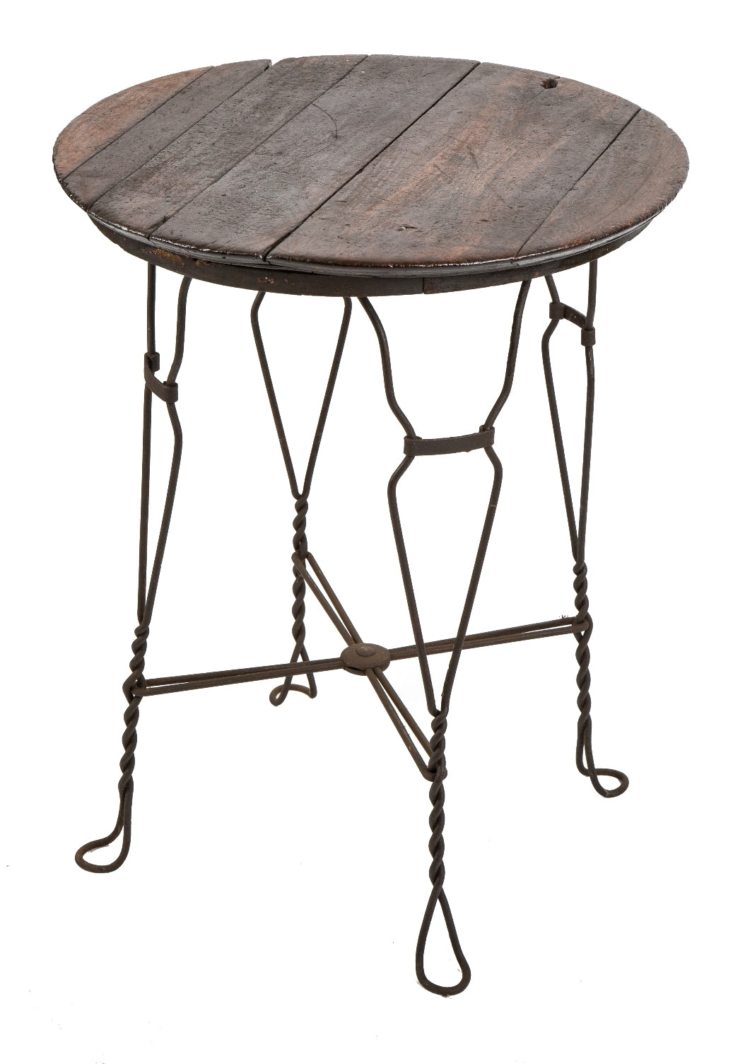 original early 20th century four-legged chicago hardware foundry twisted wrought steel or iron stationary ice cream parlor table with original nicely weathered wood top