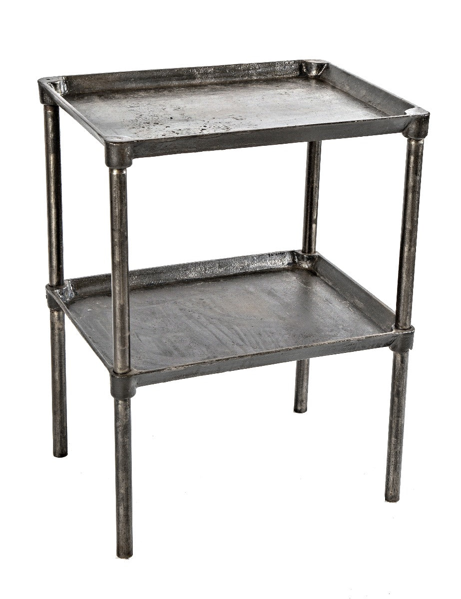 original early 20th century two-tier reinforced salvaged chicago cast iron and tubular steel factory die table
