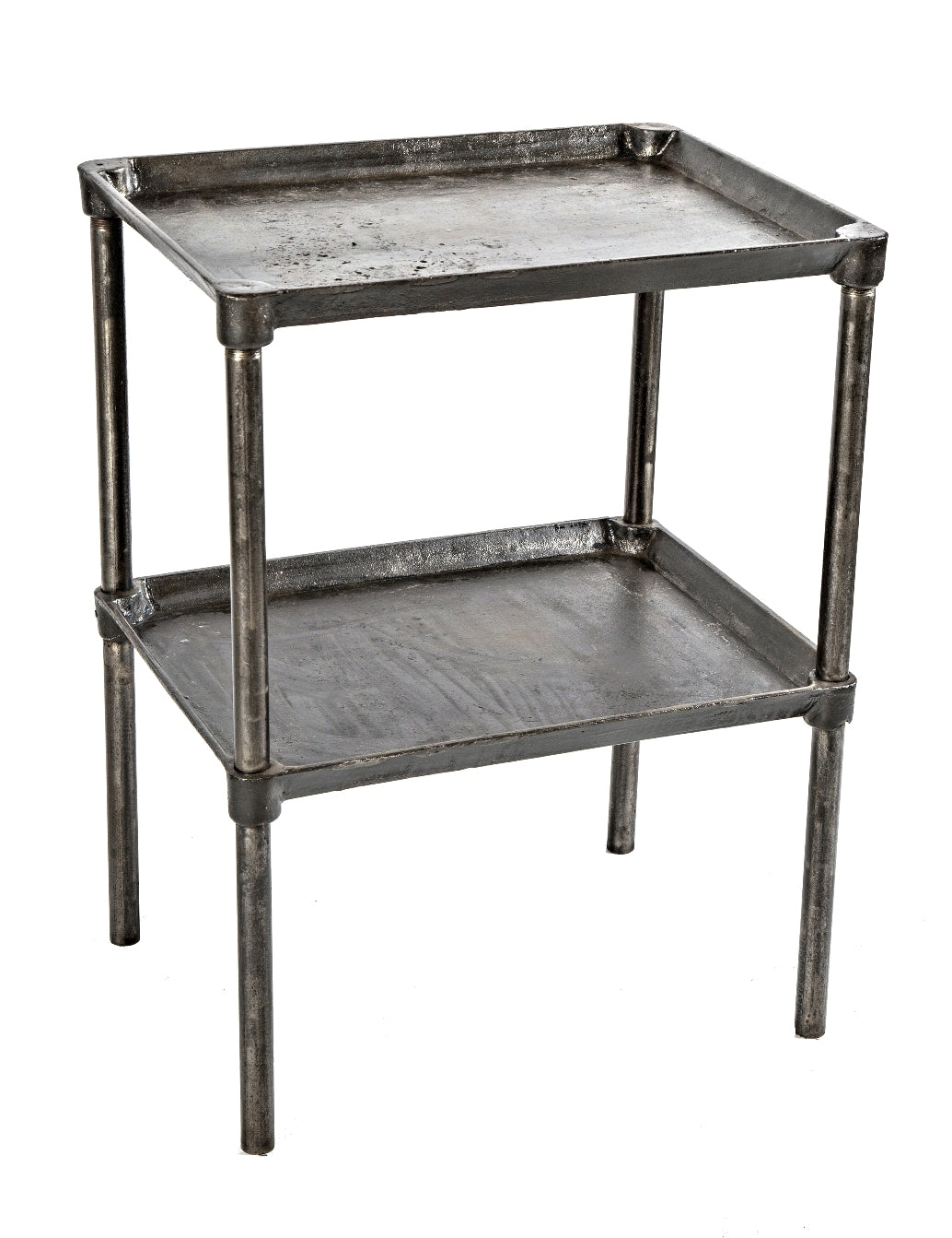 refinished oversized early american industrial four-legged refinished cast iron foundry work stand with detachable solid steel or iron decks with raised edges