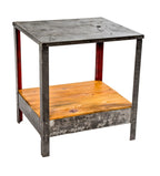 reinforced four-legged vintage american industrial stationary factory machine shop table or work stand with newly added old growth wood undershelf