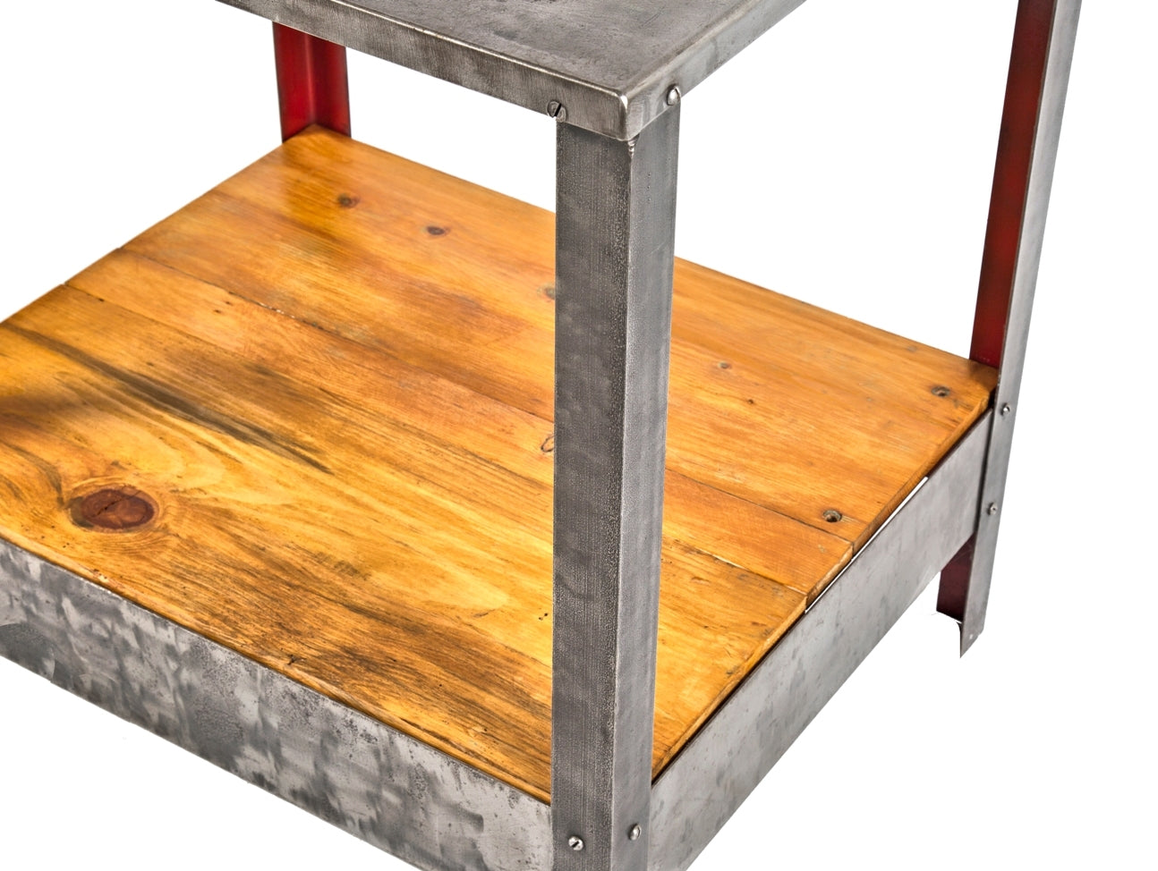 reinforced four-legged vintage american industrial stationary factory machine shop table or work stand with newly added old growth wood undershelf