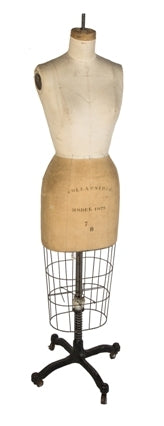 vintage american industrial freestanding spring-loaded adjustable garment factory shop dress form with black enameled cast iron base