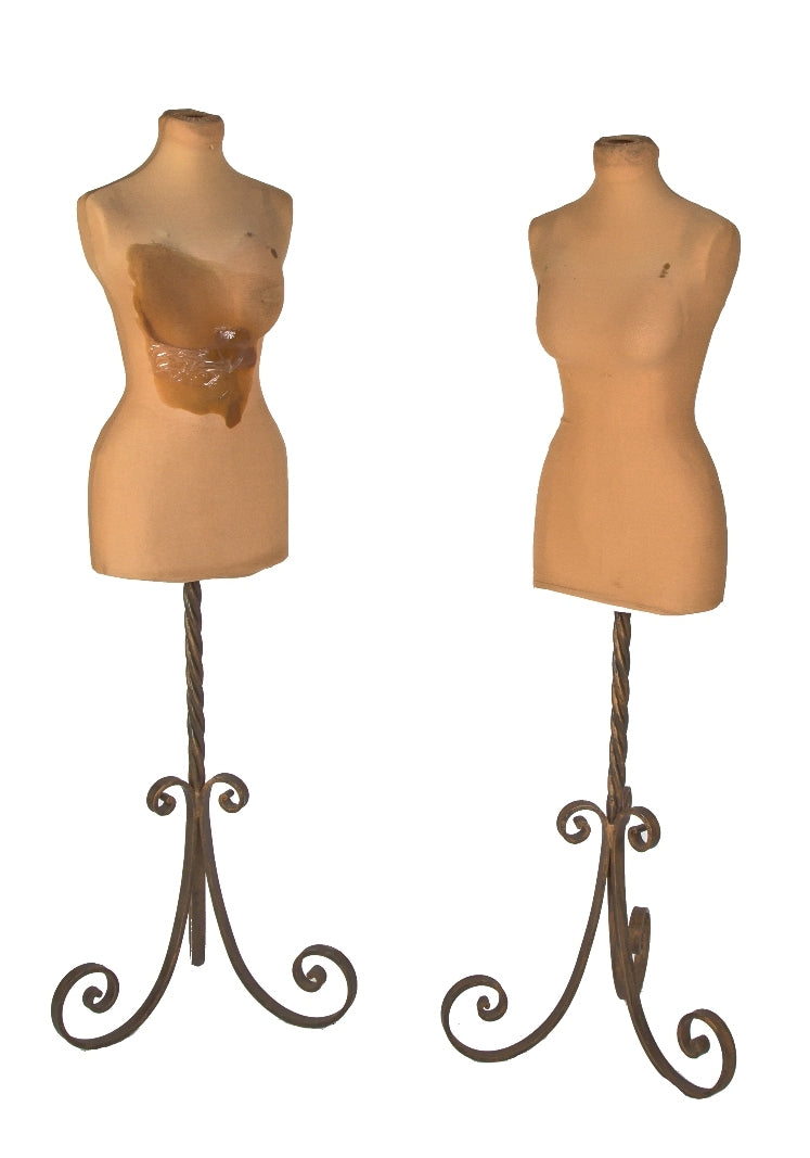 one american industrial freestanding garment factory shop dress forms with custom-built heavy duty ornament wrought iron bases