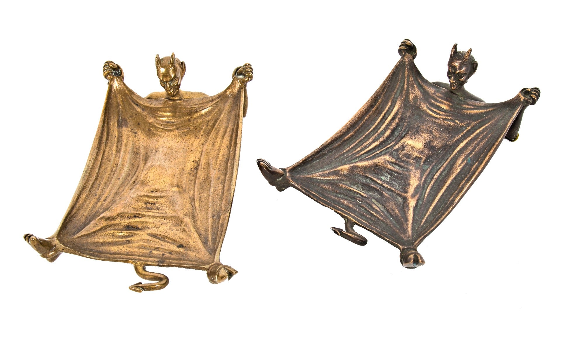 one of two hard to find early 20th century ornamental cast bronze figural satyr salesman sample calling card trays