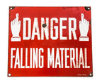 hard to find single-sided original antique american industrial chicago city street construction zone cherry red porcelain enameled die cut steel "falling material" sign with pointing fingers