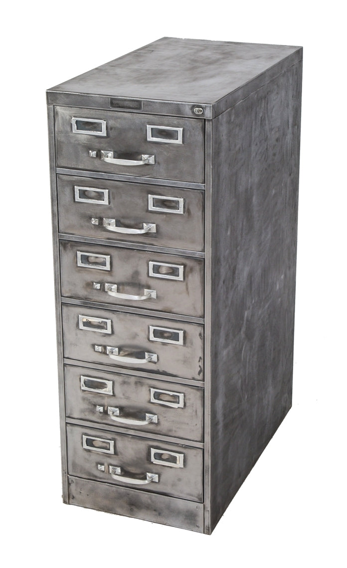 one of two matching original heavy duty cold-rolled steel six-drawer freestanding factory machine shop shelving units with brushed metal finish