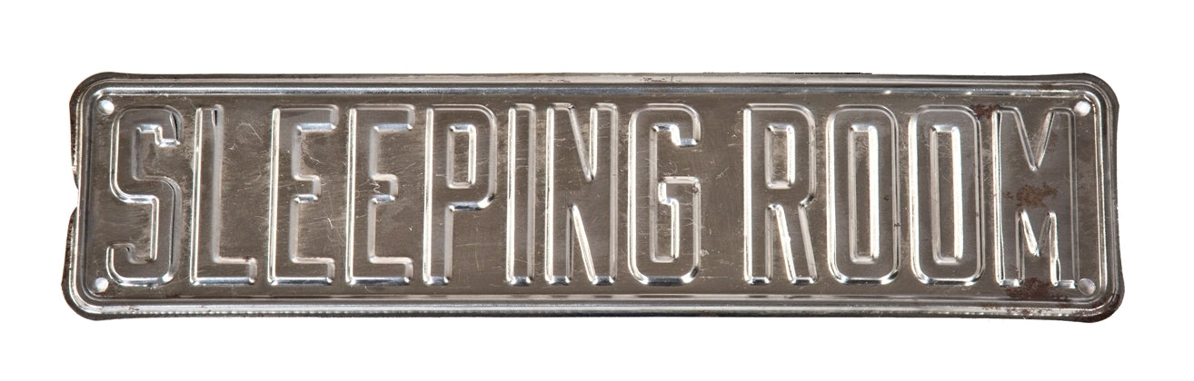 c. 1950's brushed metal stamped steel "sleeping room" single-sided salvaged chicago flophouse outdoor advertising sign