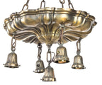 heavily ornamented cast brass two-tone finish early 20th century 5-light interior commercial building lobby ceiling light fixture with original canopy and chain
