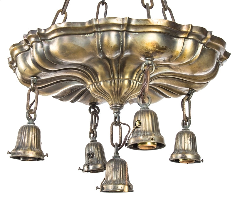heavily ornamented cast brass two-tone finish early 20th century 5-light interior commercial building lobby ceiling light fixture with original canopy and chain