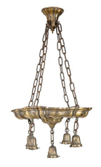 heavily ornamented cast brass two-tone finish early 20th century 5-light interior commercial building lobby ceiling light fixture with original canopy and chain