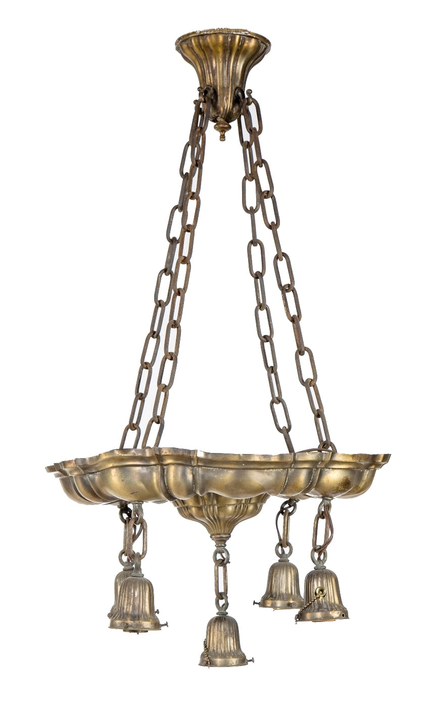 heavily ornamented cast brass two-tone finish early 20th century 5-light interior commercial building lobby ceiling light fixture with original canopy and chain