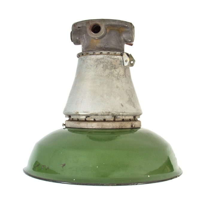 fully functional single green porcelain enameled explosion proof factory pendant light with intact impact resistant clear glass threaded end protective globe