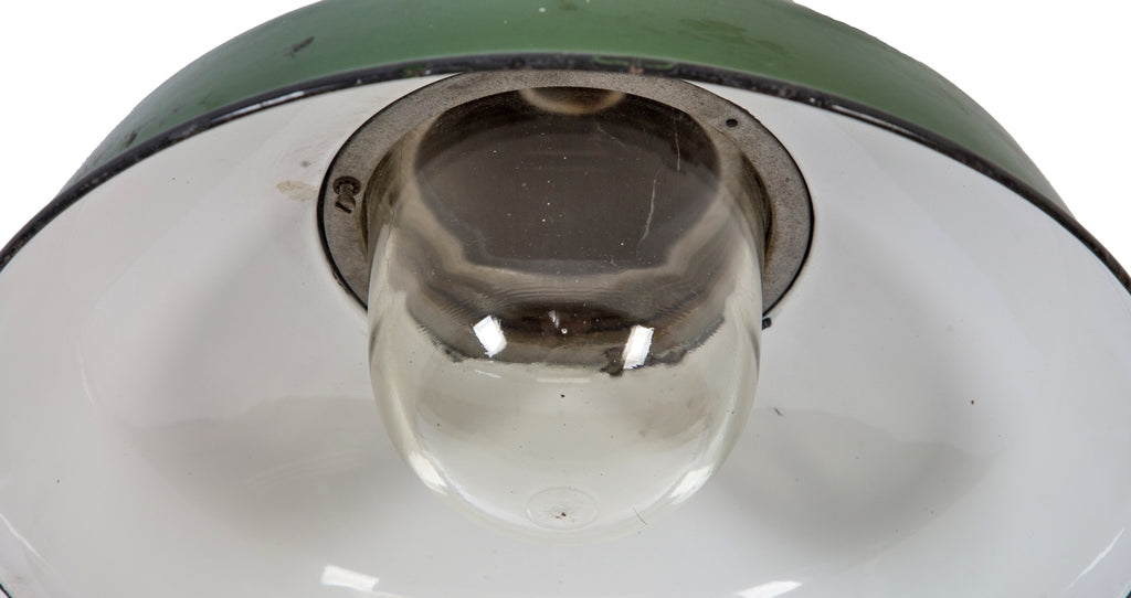 fully functional single green porcelain enameled explosion proof factory pendant light with intact impact resistant clear glass threaded end protective globe
